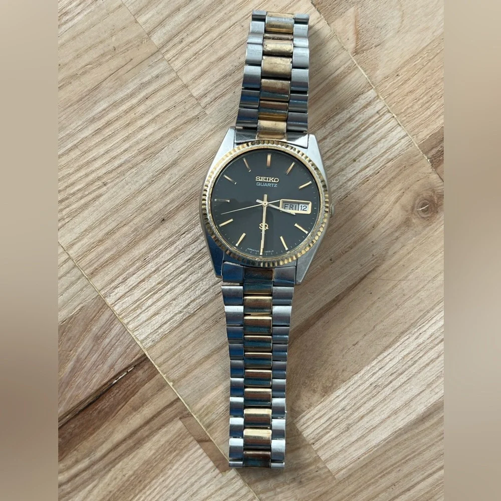 Seiko SQ Presidential Vintage Men’s Watch Rare Dark Gray Dial Two-Tone Bracelet